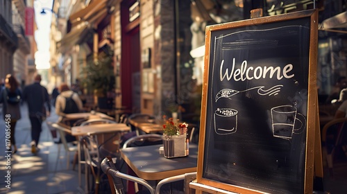 A vibrant city street scene with a trendy caf?(C), where a chalkboard sign reads 