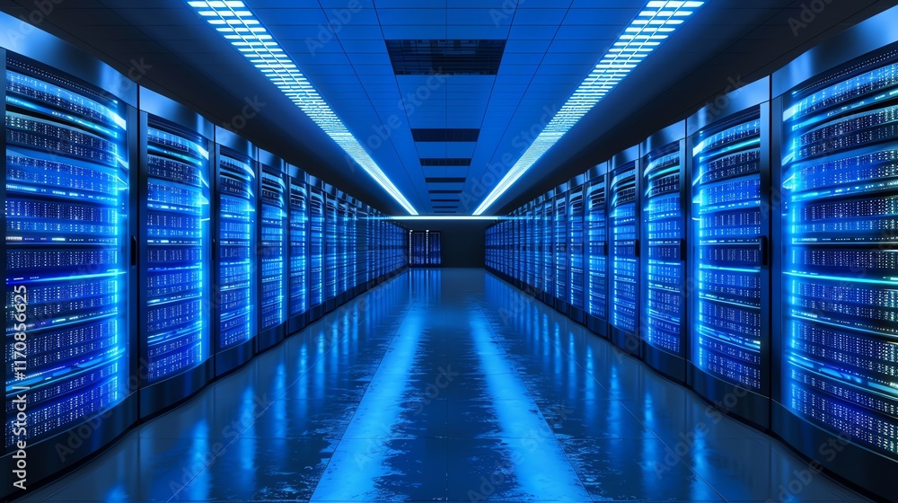 Cybernetic Data Center: Electric Blue Servers in a Sleek, Futuristic Hall Cybernetic Data Center: Electric Blue Servers in a Sleek, Futuristic Hall
