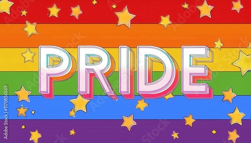 Vibrant Rainbow Pride Flag with Bold 3D Text 'PRIDE' Surrounded by Glittering Gold Stars. LGBTQ+ Celebration photo