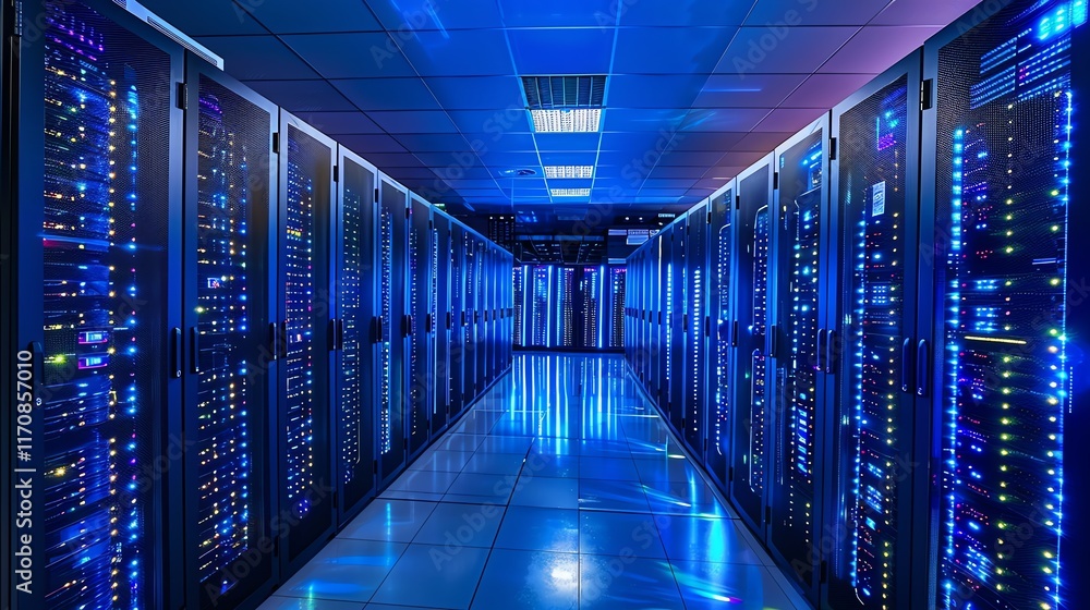 Cybernetic Server Hall: A Blue-Lit Digital Corridor Cybernetic Server Hall: A Blue-Lit Digital Corridor