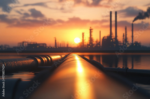 Sunset Illuminating Oil Pipeline at Large Industrial Refinery photo