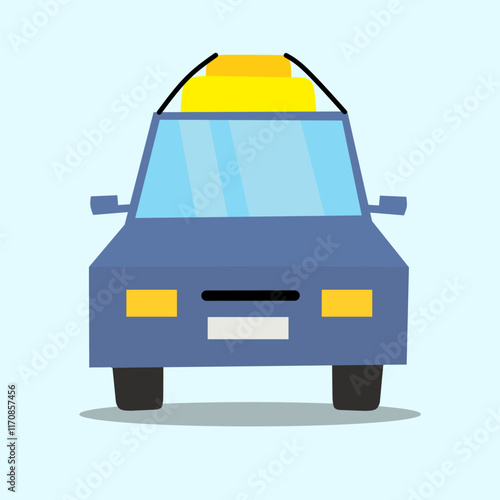 A simple, flat design illustration of a blue car with suitcase on top, viewed from the front, on a light (mudik).