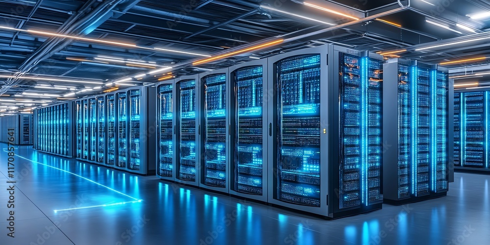Fototapeta premium Modern Data Center: Rows of Illuminated Servers in a Sleek, Futuristic Setting
