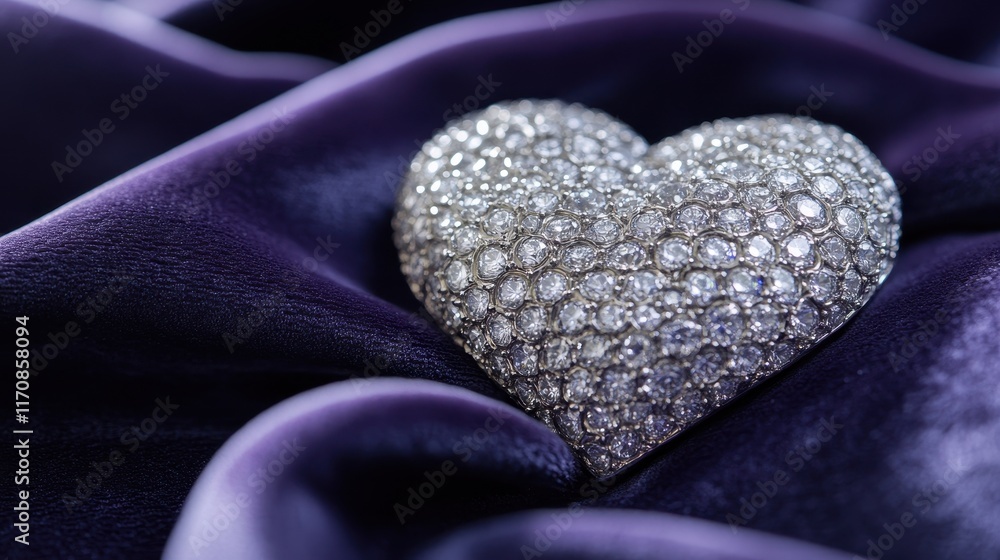 Fototapeta premium Close-up of a heart-shaped brooch with sparkling diamonds on a velvet fabric