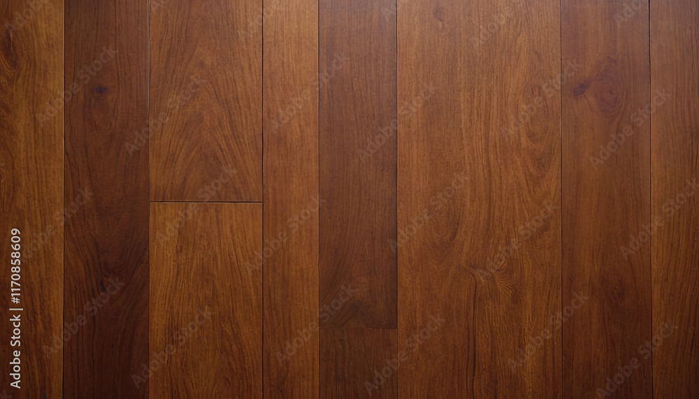 Naklejka premium A close-up view of wooden flooring showcasing rich brown tones and smooth finishes. The planks are arranged in a stylish design, creating a warm and inviting atmosphere