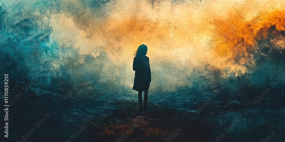 Obraz premium Solitary Figure Before A Colorful Abstract Landscape