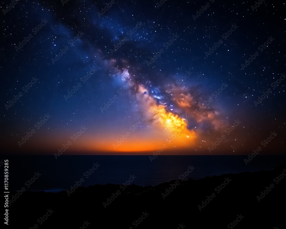 Fototapeta premium Milky Way galaxy over ocean at sunset.