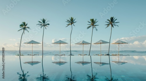 Wallpaper Mural Elegant umbrella and chair setup by sparkling resort pool surrounded by majestic coconut palms Torontodigital.ca