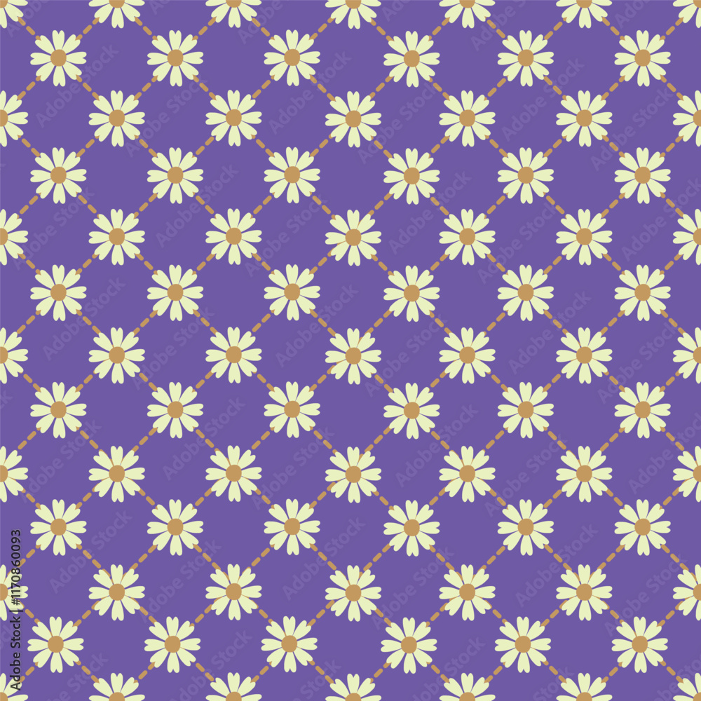 Seamless illustrated pattern with beautiful colorful flowers on dashed sqaures and violet background Seamless illustrated pattern with beautiful colorful flowers on dashed sqaures and violet background