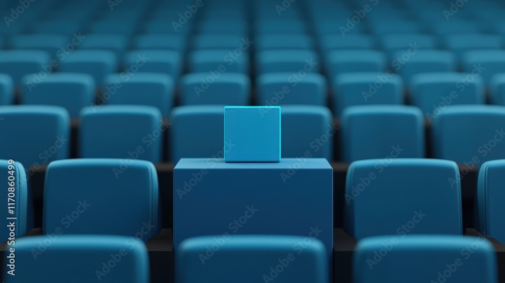 Blue Cube on Podium in Empty Auditorium Leadership Presentation Concept Blue Cube on Podium in Empty Auditorium Leadership Presentation Concept