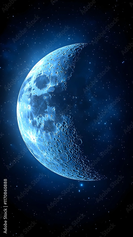 Naklejka premium Crumbling blue moon in dark space.