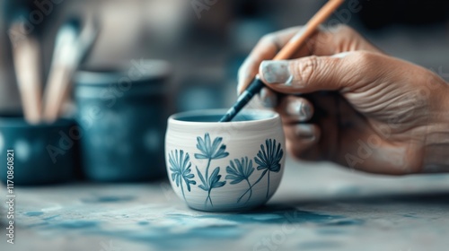 Hand painting detailed floral design on pottery with blue paint in an artistic studio