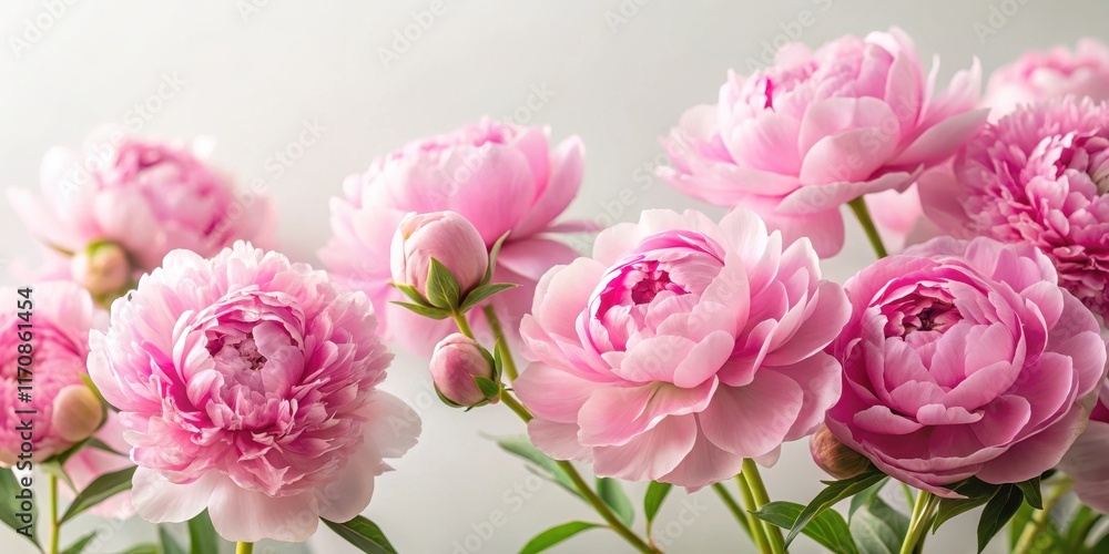 Delicate pink peonies in full bloom against a soft white background , delicate petals Delicate pink peonies in full bloom against a soft white background , delicate petals