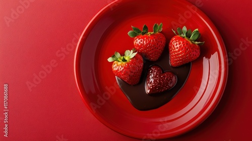 Heart-shaped chocolate dipped strawberries on a red plate