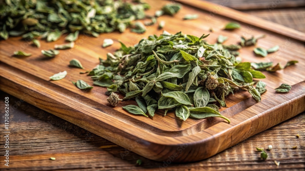 Close-up of dried basil leaves on a wooden cutting board, basil, green, basil, green Close-up of dried basil leaves on a wooden cutting board, basil, green, basil, green