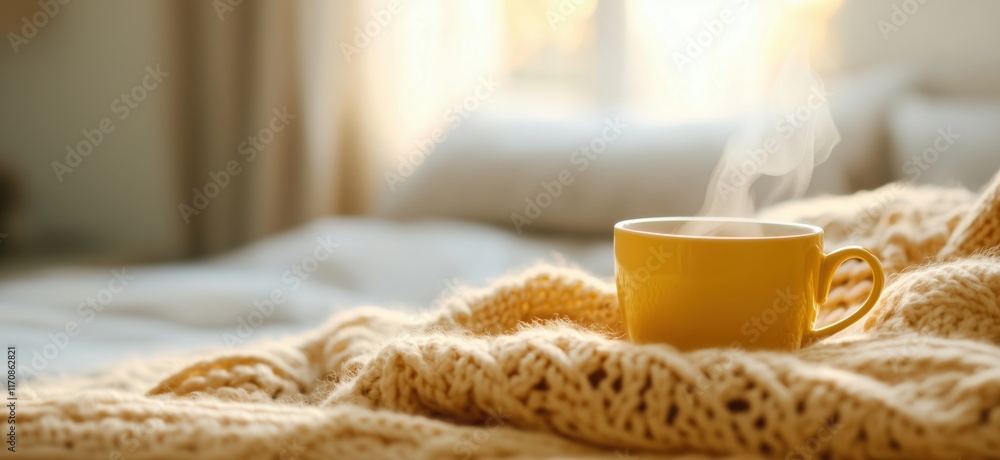 Steaming yellow coffee cup on cozy knitted blanket in warm bedroom setting with soft sunlight, copy space for text Steaming yellow coffee cup on cozy knitted blanket in warm bedroom setting with soft sunlight, copy space for text
