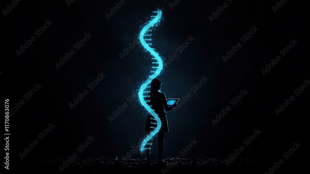 Obraz premium Woman Studying Genetic Code Digital DNA Helix Tablet Computer Science Research