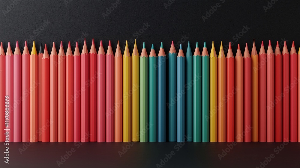 Obraz premium Colorful pencils arranged in a row on black background.