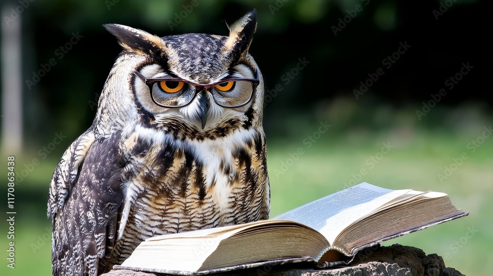 custom made wallpaper toronto digitalWise owl wearing glasses reading an open book in nature
