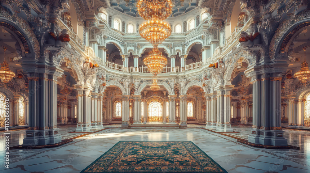 Obraz premium An opulent temple-like interior with influences of Rajasthani royal design, enhanced by emerald green and white tones, bright amber lighting creating dramatic shadows