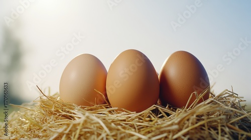 Three eggs are sitting on a bed of straw. The eggs are brown and appear to be fresh. The straw is brown and looks like it has been recently dried. The scene is peaceful and calm, with the eggs photo