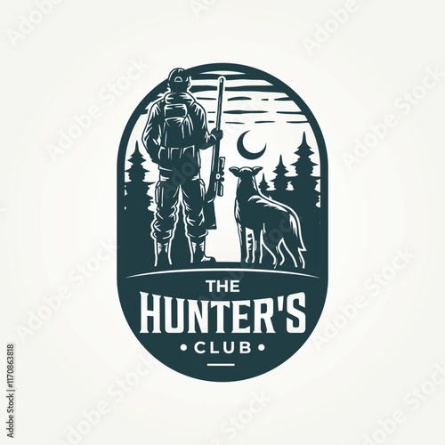vintage bird hunter club icon badge logo vector illustration design. classic retro duck hunter and a dog emblem logo concept