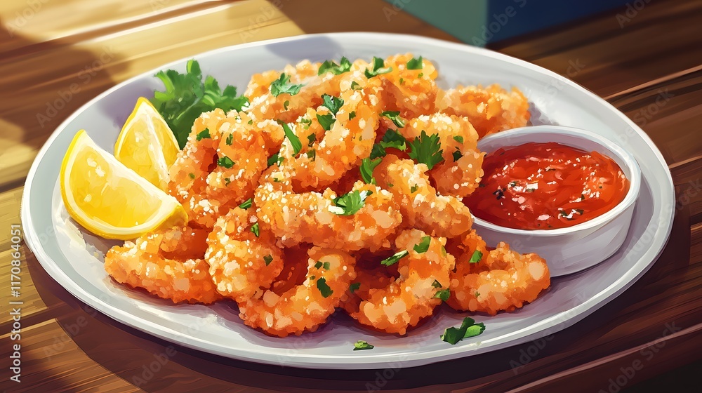 Exquisite Fried Calamari Delight with Lemon and Marinara Sauce for Seafood Aficionados Exquisite Fried Calamari Delight with Lemon and Marinara Sauce for Seafood Aficionados