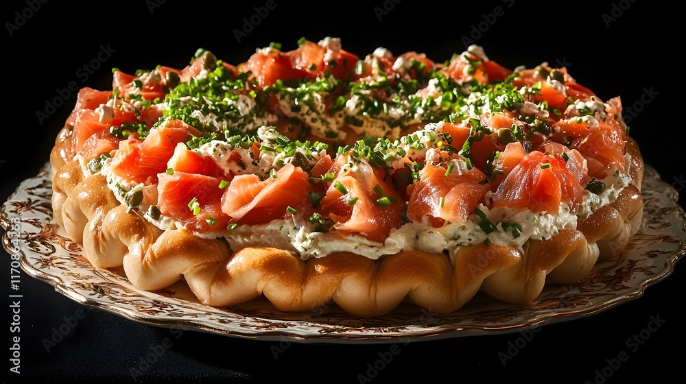 A Gourmet Bagel with Lox and Cream Cheese Artfully Presented on a Decorative Plate for Breakfast A Gourmet Bagel with Lox and Cream Cheese Artfully Presented on a Decorative Plate for Breakfast