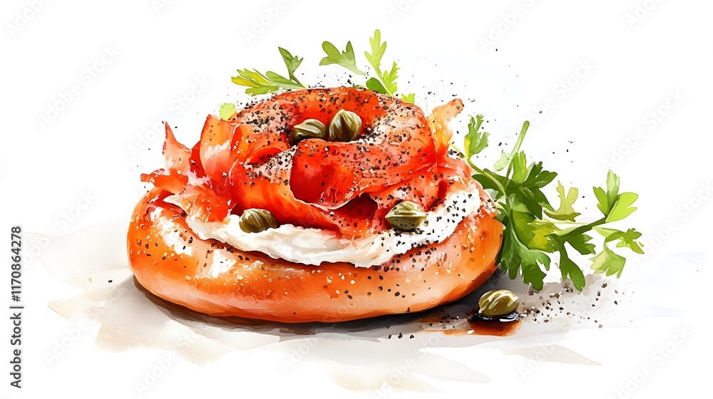 A Vibrant and Flavorful Bagel with Lox, Cream Cheese, and Fresh Herbs for Breakfast. A Vibrant and Flavorful Bagel with Lox, Cream Cheese, and Fresh Herbs for Breakfast.