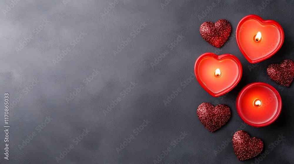 A romantic arrangement of heart-shaped candles and decorative hearts on a dark surface, perfect for creating a cozy atmosphere. A romantic arrangement of heart-shaped candles and decorative hearts on a dark surface, perfect for creating a cozy atmosphere.