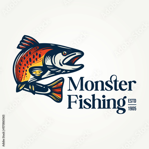 minimalist rainbow trout monster fishing icon badge logo vector illustration design. simple modern  fishing adventure club logo concept