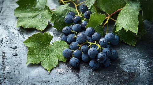 Fresh ripe dark grapes with green leaves on a dark background.
