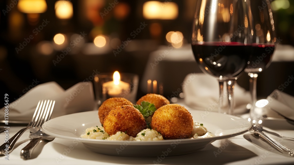 A Sophisticated Experience Enjoying Exquisite Arancini in an Elegant Dining Setting with Fine Wine A Sophisticated Experience Enjoying Exquisite Arancini in an Elegant Dining Setting with Fine Wine
