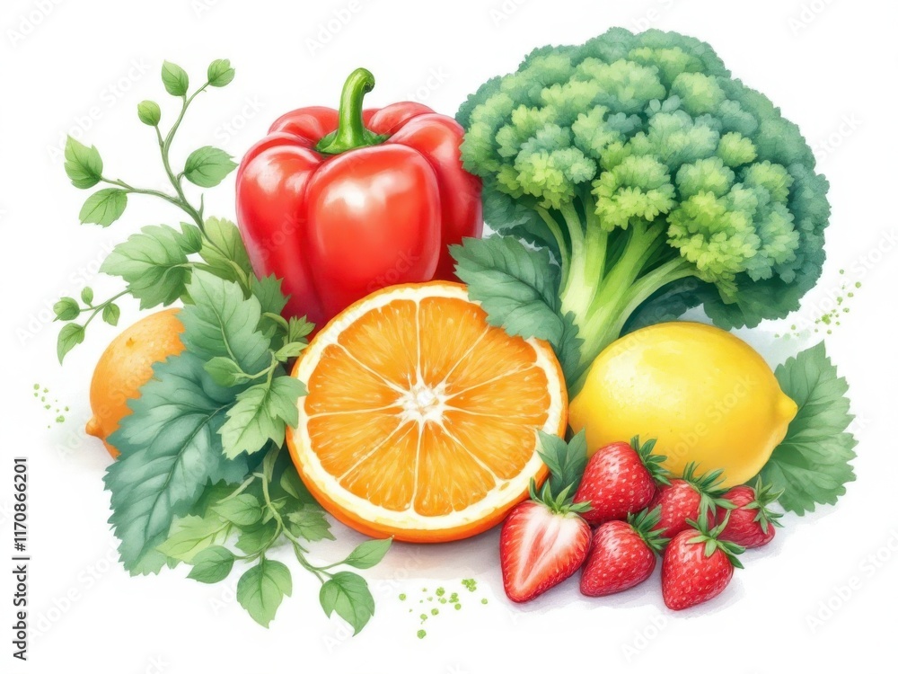Healthy food arrangement with fruits and vegetables Healthy food arrangement with fruits and vegetables