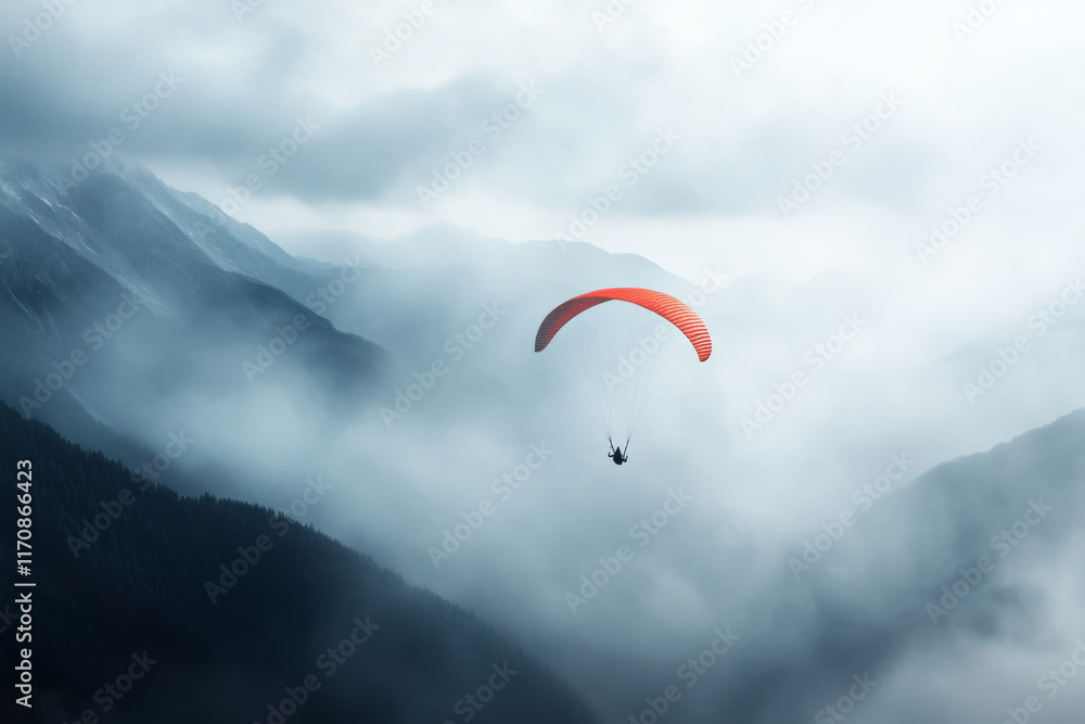 Paraglider Soaring Over Misty Mountains During an Early Morning Adventure in Tranquil Nature Paraglider Soaring Over Misty Mountains During an Early Morning Adventure in Tranquil Nature