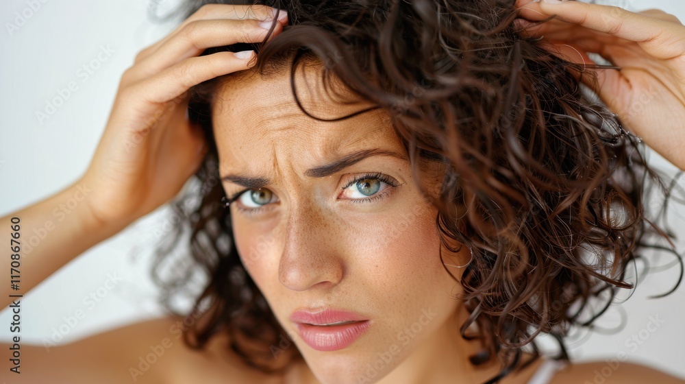 Fototapeta premium Woman scratching her scalp, expressing frustration or concern. Hair care, dermatology, or emotional expressions of confusion or worry