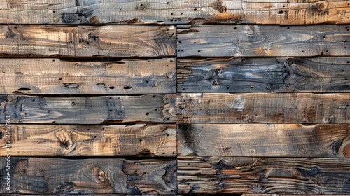 Close-up of a wooden wall made of aged, distressed, and charred timber planks. photo