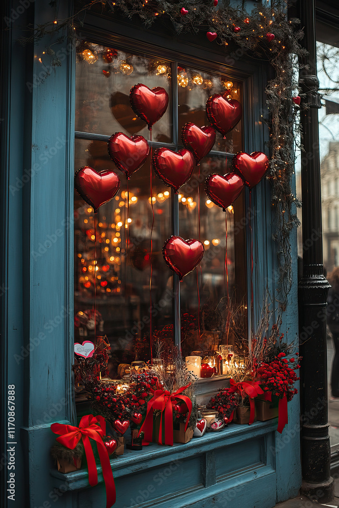 Naklejka premium Valentine day showcase, storefront with heart-shaped balloons and glowing lights, romantic atmosphere.