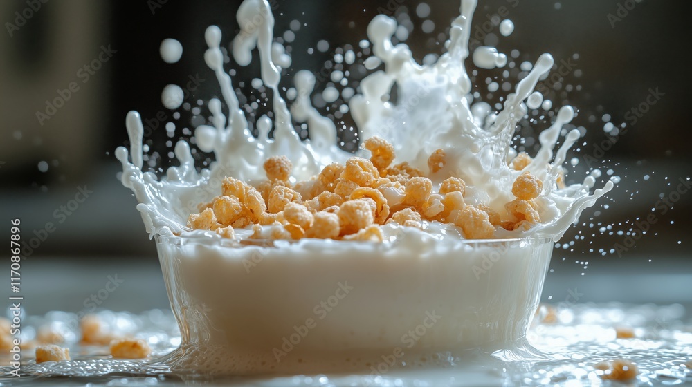 Captivating Cereal and Milk Splash in a Breakfast Bowl Captivating Cereal and Milk Splash in a Breakfast Bowl