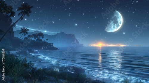 Romantic Moon With Clouds And Starry Sky Over Sparkling