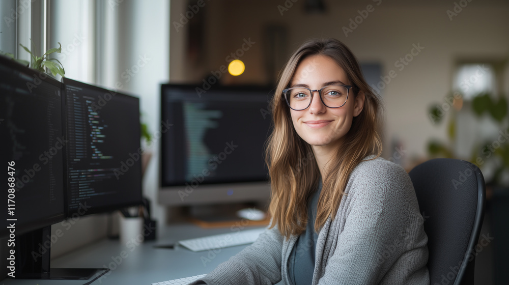 Obraz premium young woman with glasses smiles while working at desk with multiple computer screens displaying code.