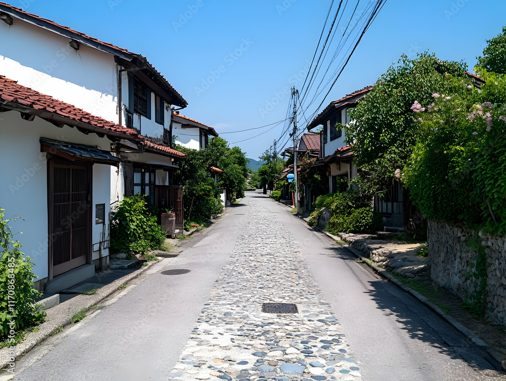 Cobblestone Street, Asian Village Illustration Cobblestone Street, Asian Village Illustration