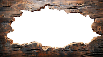 Frame made of wood plank. Old wooden wall with a large irregular hole. Perfect for framing text or visuals against the exposed background