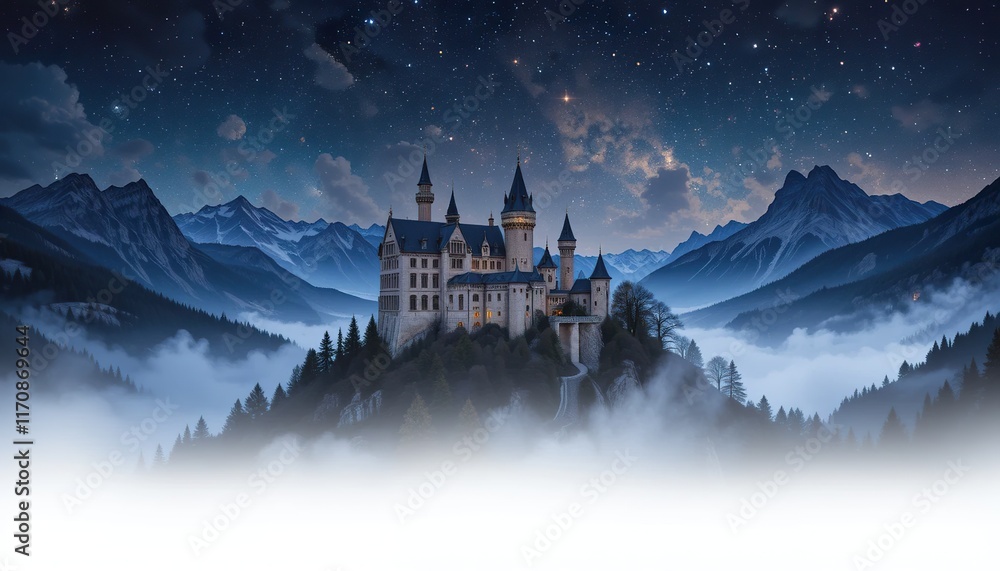 Majestic castle on a hilltop at twilight, surrounded by a forest and mountains under a starry sky Majestic castle on a hilltop at twilight, surrounded by a forest and mountains under a starry sky