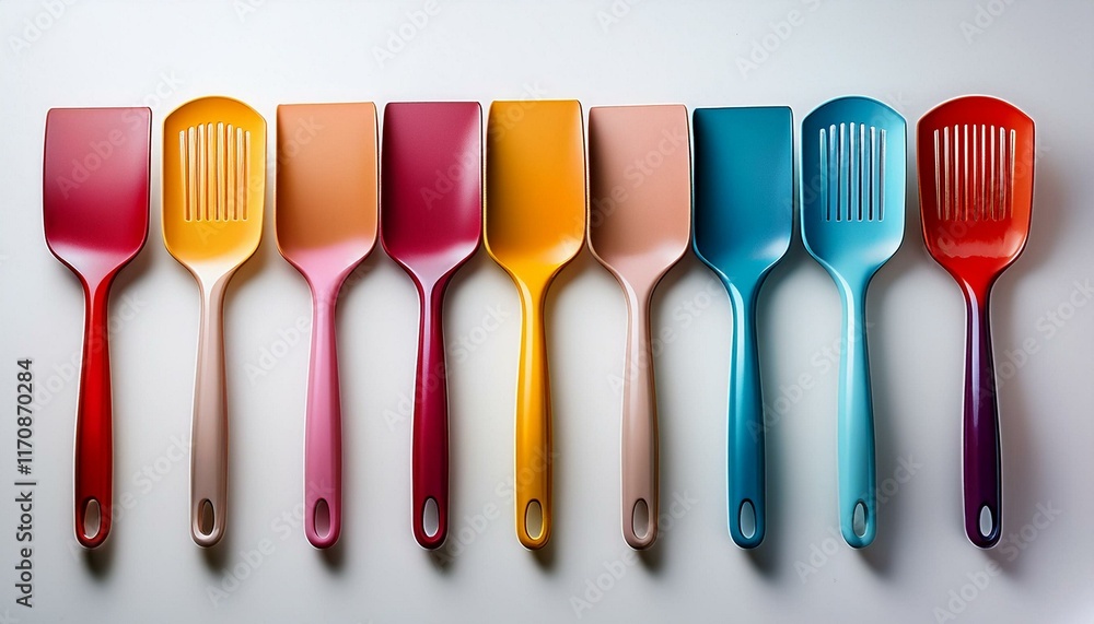 Fototapeta premium Colorful Plastic Spatulas: A Vibrant Kitchenware Display