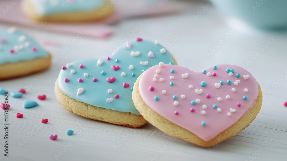 Heart-shaped cookies decorated with icing and sprinkles, placed on a table Heart-shaped cookies decorated with icing and sprinkles, placed on a table