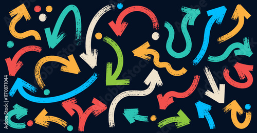Big set colorful brush, ink, marker, crayon hand drawn bold arrows. Grunge hand drawn doodle thick arrows in different directions. Set of  vector arrows for design, business, strategy, concept.