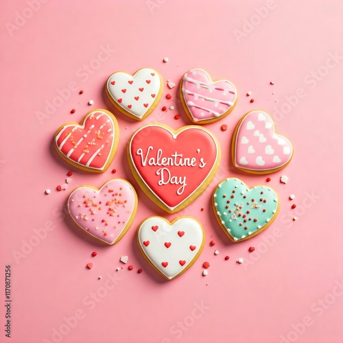 A collection of heart-shaped Valentine's Day cookies decorated with colorful icing and sprinkles, placed on a pastel pink background. photo