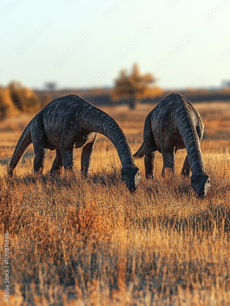Fototapeta premium Two dinosaurs grazing in a grassy landscape during sunset.