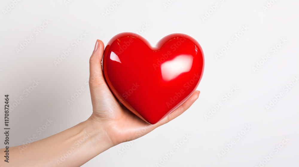 Person Holding a Bright Red Heart Shaped Object in Hand Against a Simple White Background Person Holding a Bright Red Heart Shaped Object in Hand Against a Simple White Background